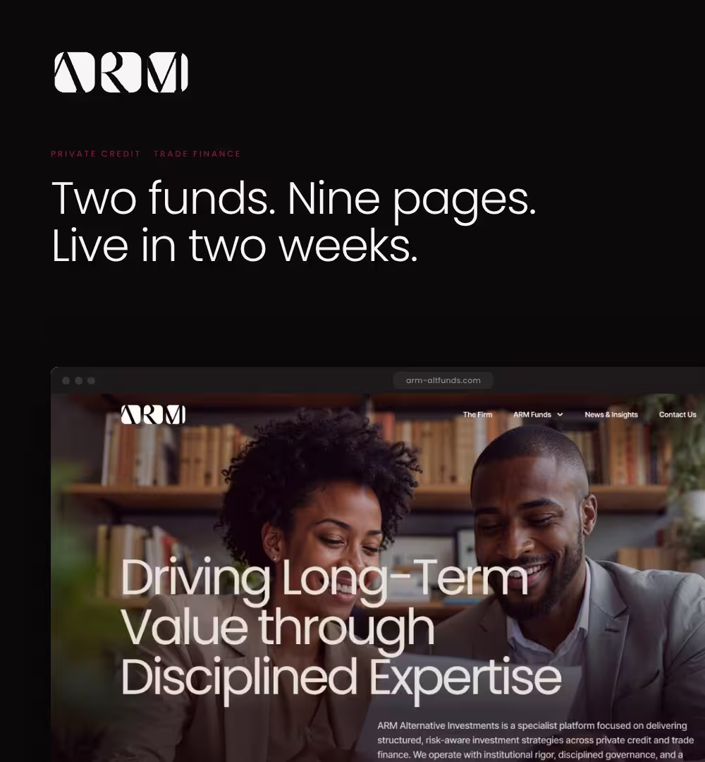 ARM Alternative Investments website shown in a browser, with the ARM logo