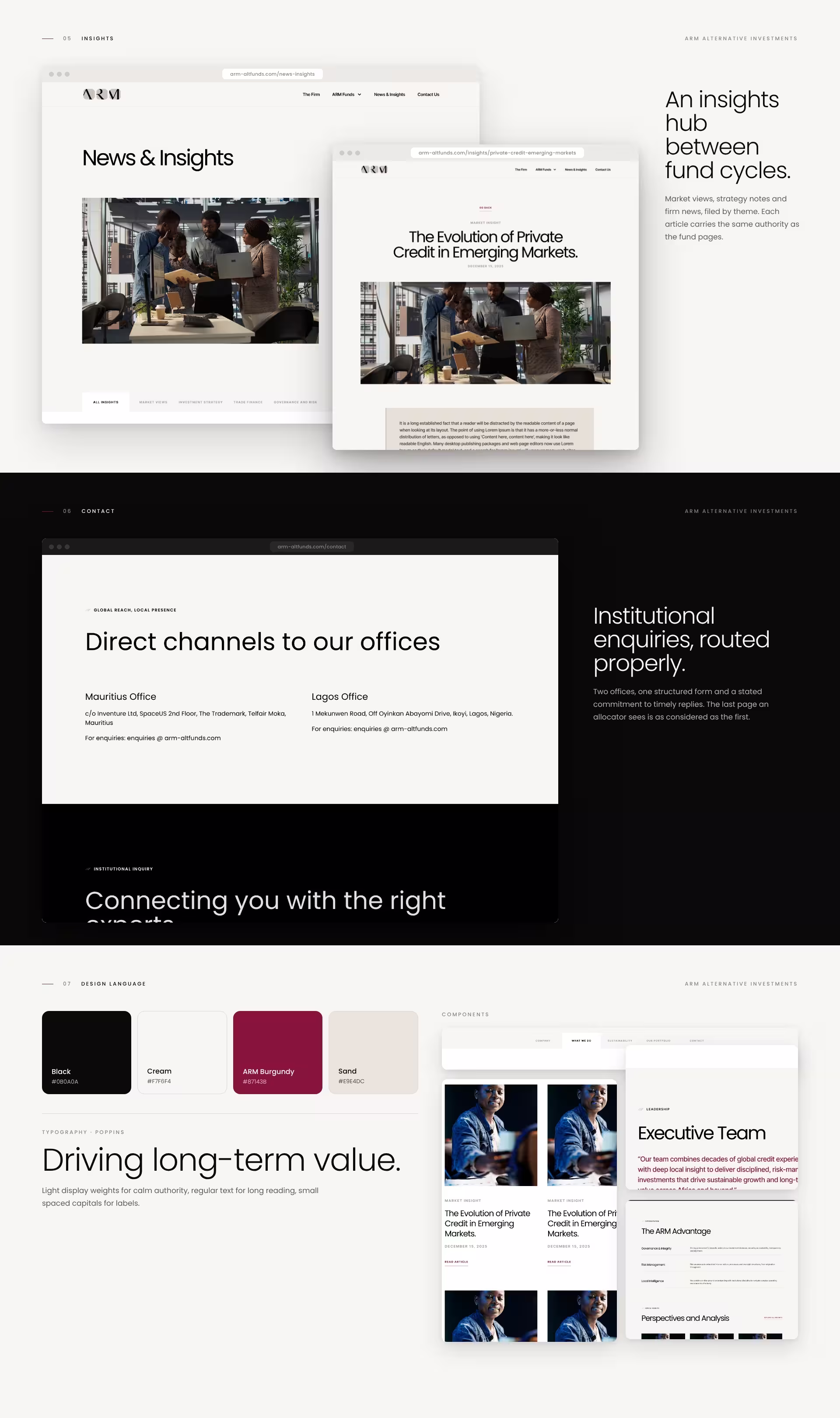 ARM News and Insights hub, article page, contact page and design language