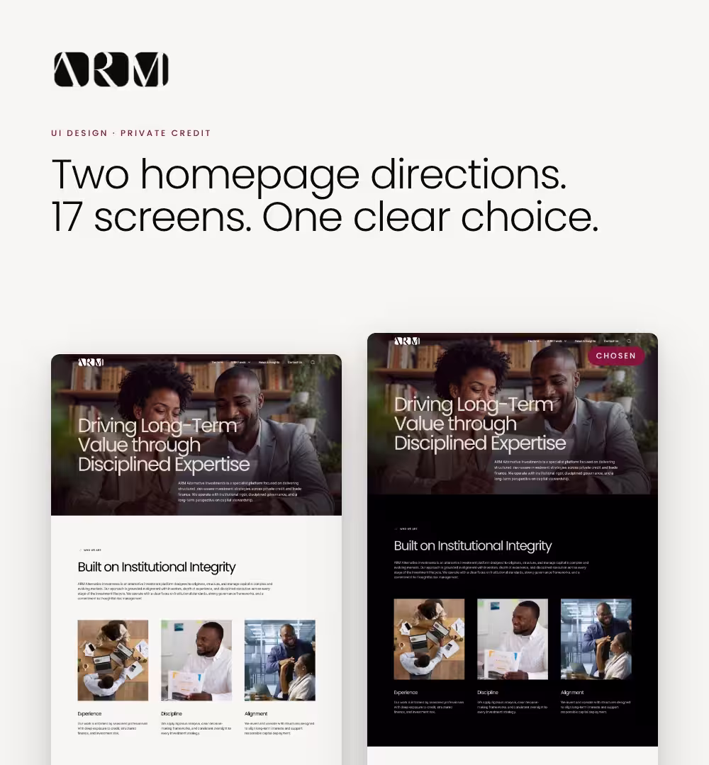 ARM homepage in two design directions, light and dark, with the dark direction marked as chosen