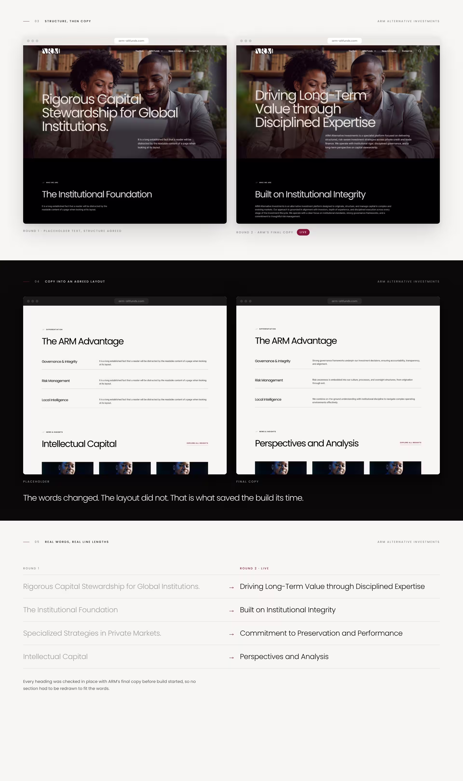 ARM homepage with placeholder text next to the final copy, the ARM Advantage section before and after, and headings from round one and round two