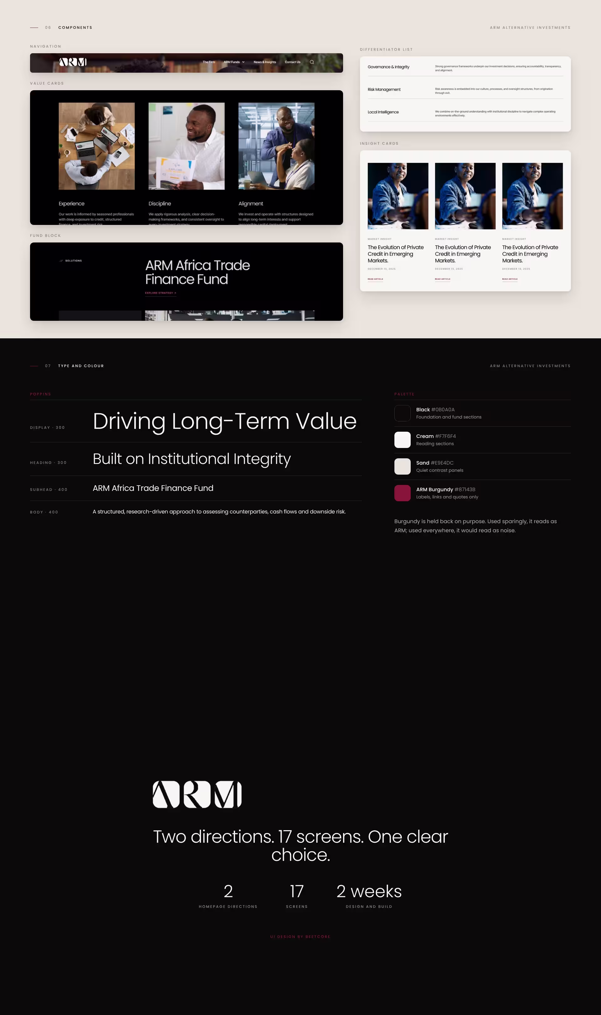 ARM website components, Poppins type scale, colour palette and closing stats