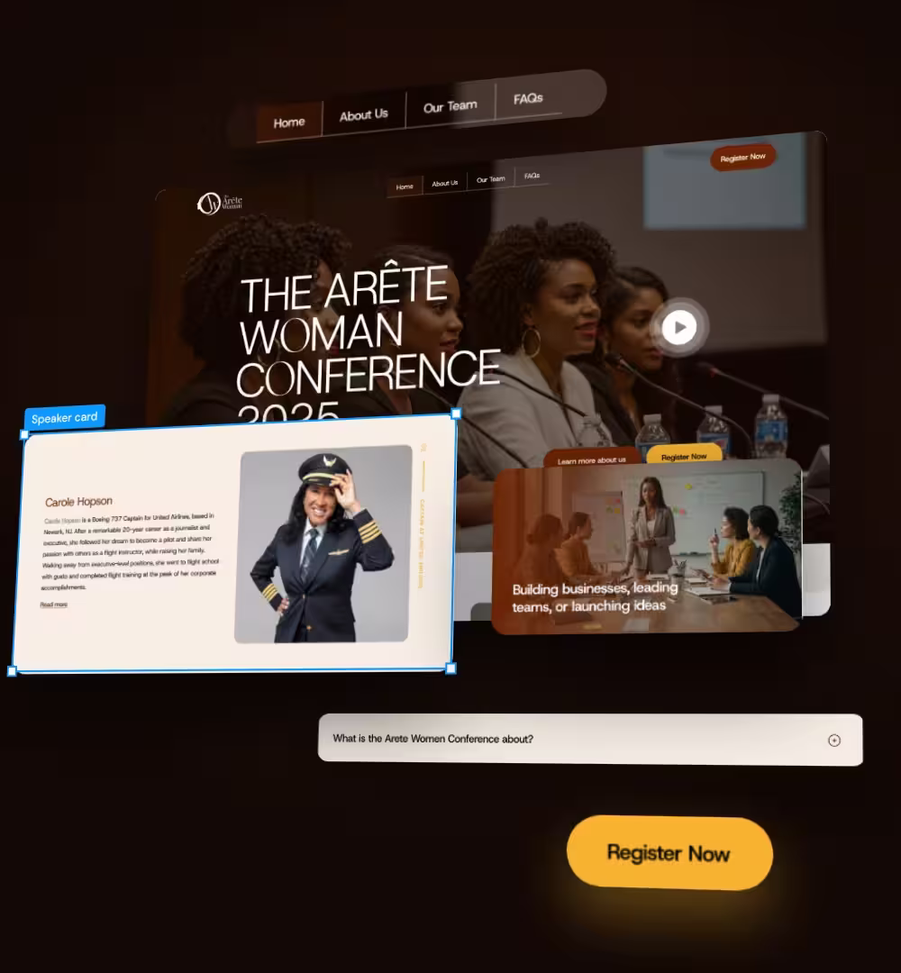 The Arête Woman homepage pulled apart into UI layers: navigation, speaker card, audience card, FAQ accordion and Register button
