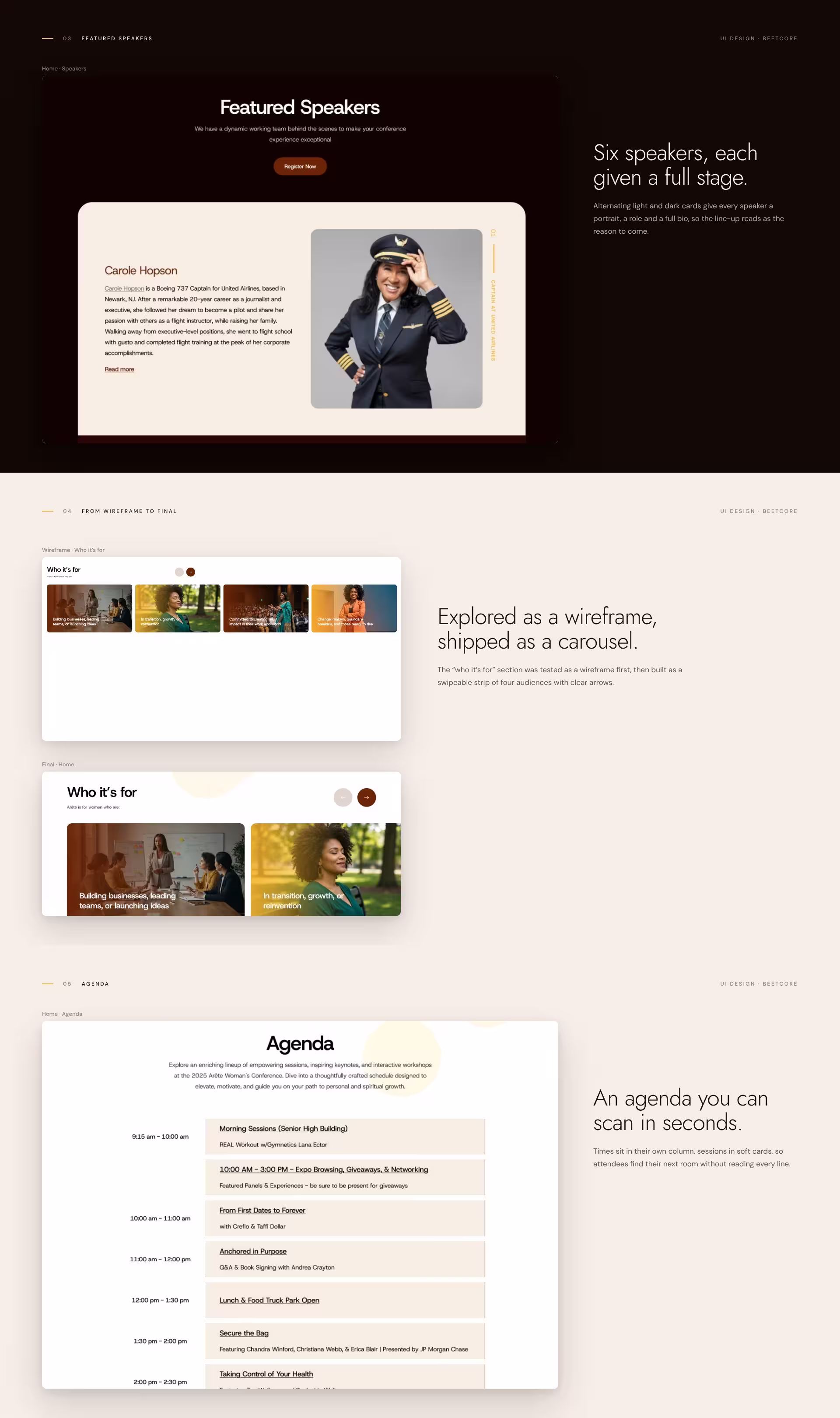 Featured speakers design, the who it is for section from wireframe to final, and the agenda
