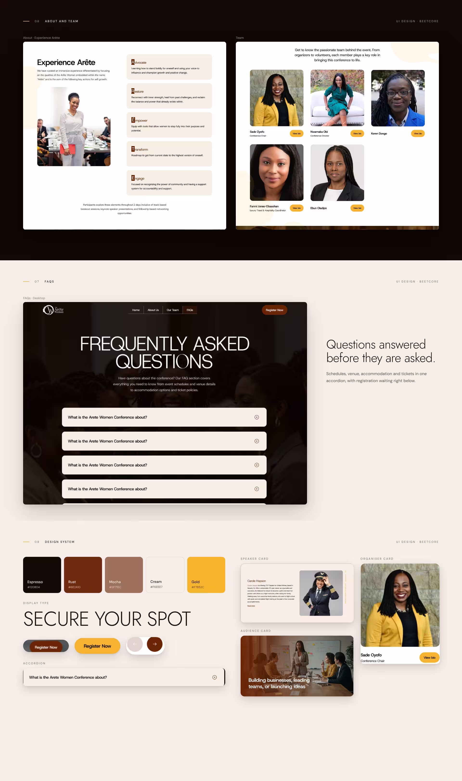 About and Team screens, the FAQ screen and the design system with colours, type and components