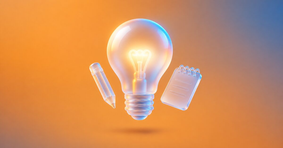 Glowing glass lightbulb, with a pencil and a notepad, on an orange gradient