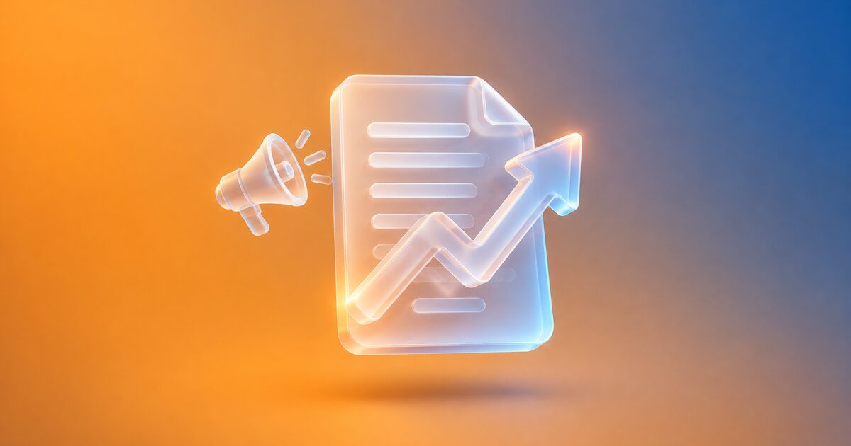 Glass document page with a rising arrow, with a megaphone, on an orange gradient