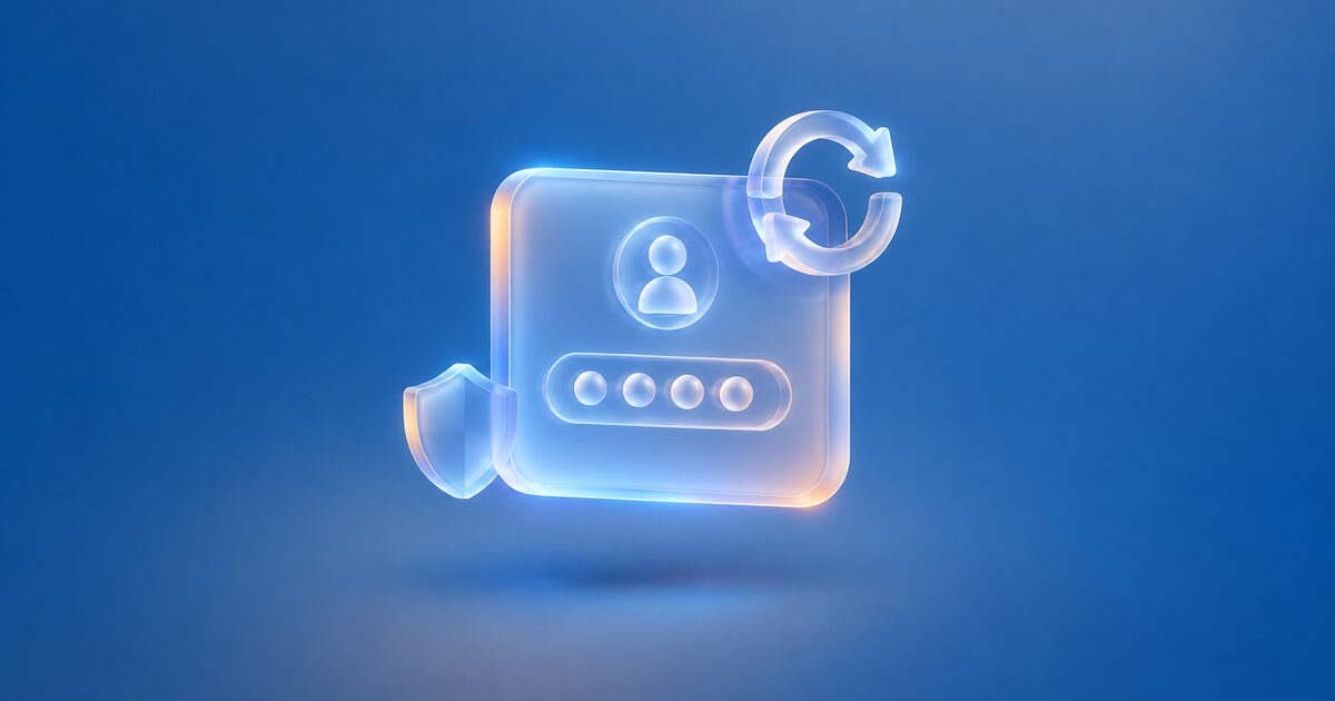 Glass login card with password dots and a refresh arrow, with a shield, on a blue gradient