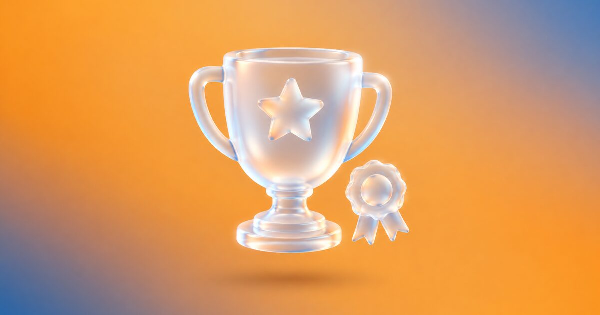 Glass trophy with a star, with a ribbon badge, on an orange gradient