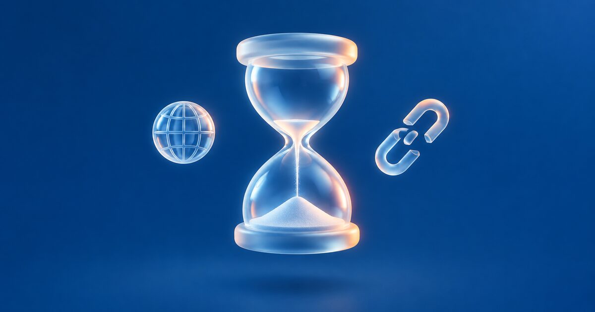 Glass hourglass almost run out, with a globe and a broken chain link, on a blue gradient