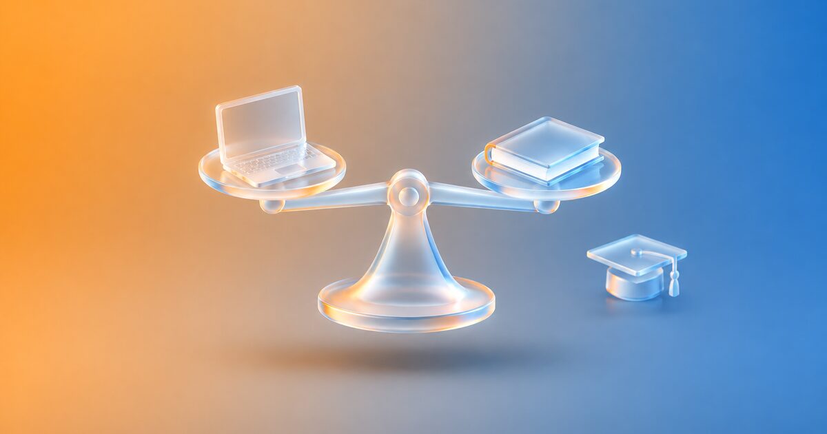 Glass balance scale with a laptop and a book, with a graduation cap, on an orange gradient