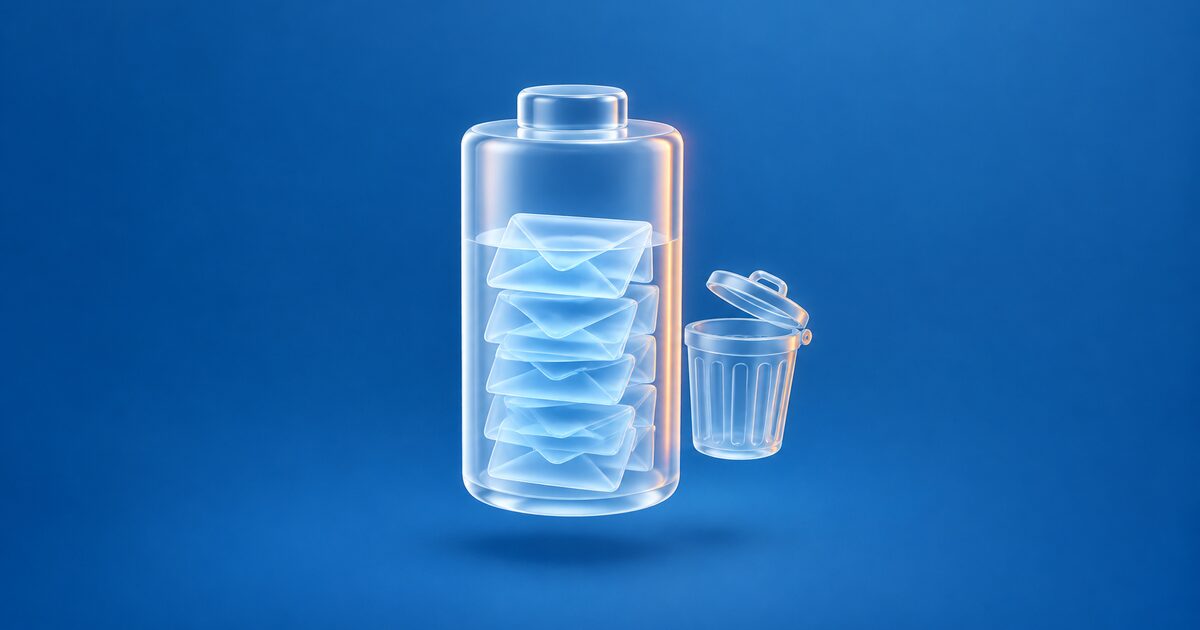 Glass battery-shaped storage meter holding small envelopes, with a trash bin, on a blue gradient