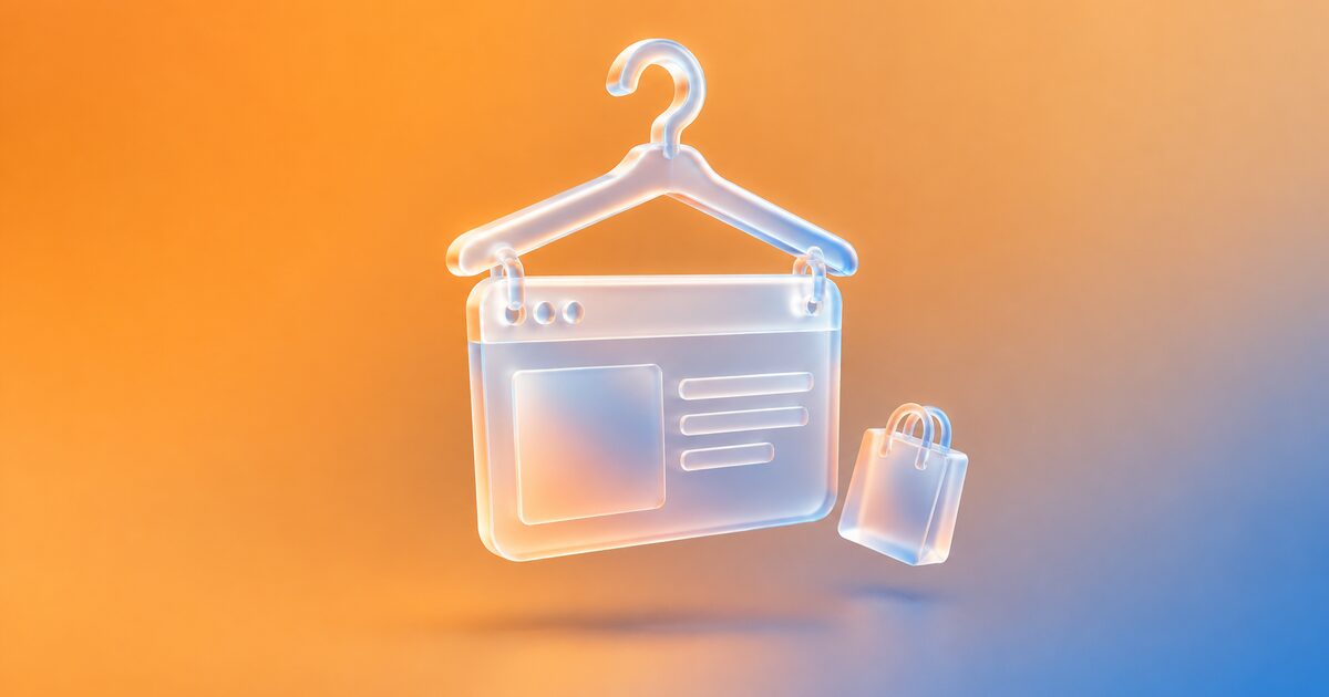 Glass clothes hanger holding a browser window, with a shopping bag, on an orange gradient