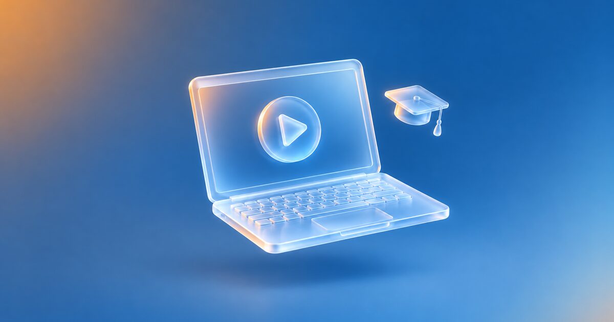 Glass laptop with a play button, with a graduation cap, on a blue gradient