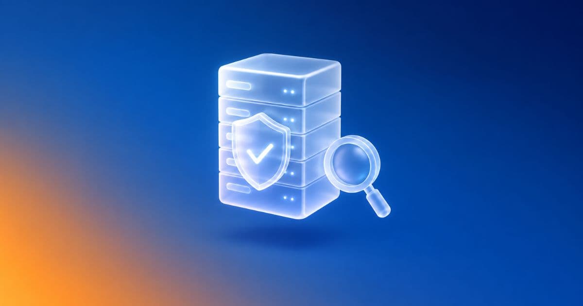 Frosted glass server with a glowing shield and checkmark, beside a glass magnifying glass, on a blue gradient