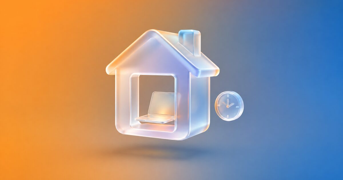 Glass house with a laptop in its doorway, with a clock, on an orange gradient