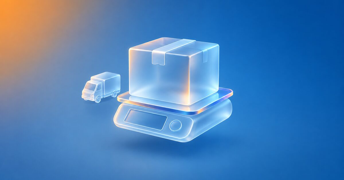 Glass parcel on a weighing scale, with a delivery truck, on a blue gradient