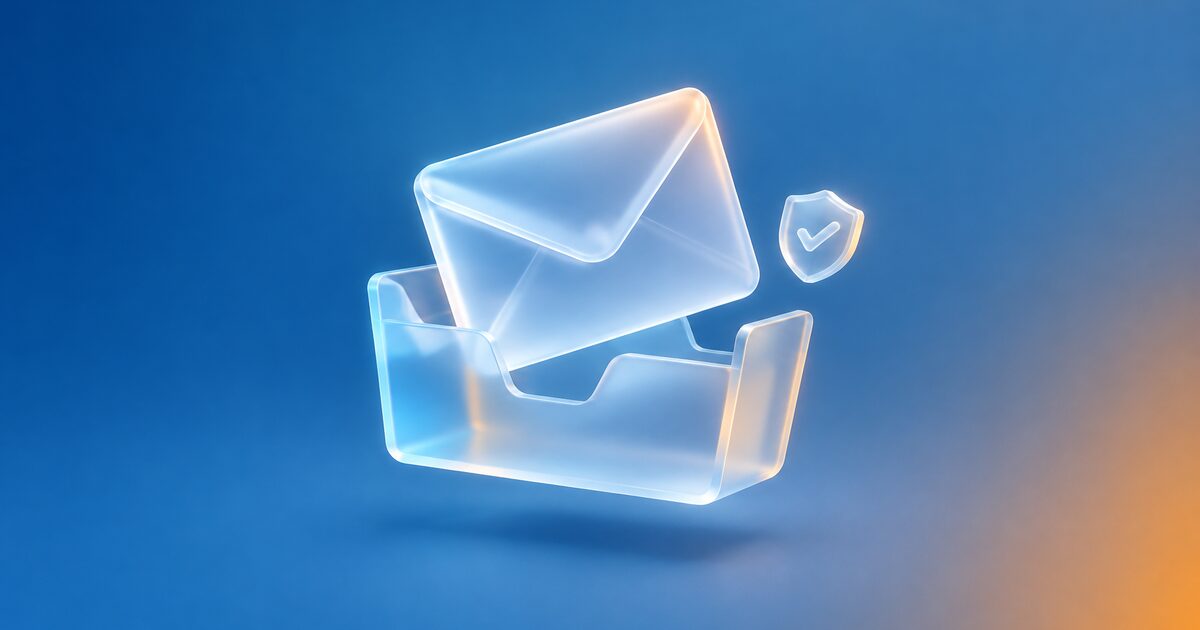 Glass envelope lifting out of a folder tray, with a shield, on a blue gradient