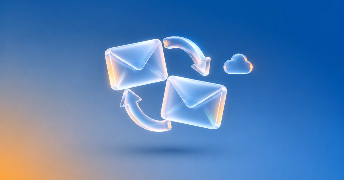 Two glass envelopes linked by sync arrows, with a cloud, on a blue gradient