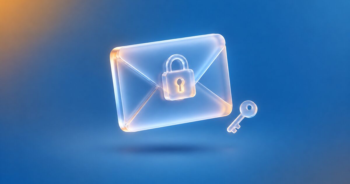 Glass envelope with a padlock, with a key, on a blue gradient
