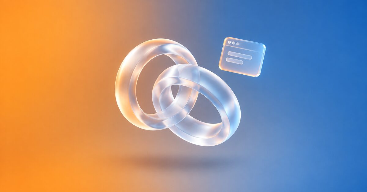 Two interlocked glass wedding rings, with a browser window, on an orange gradient