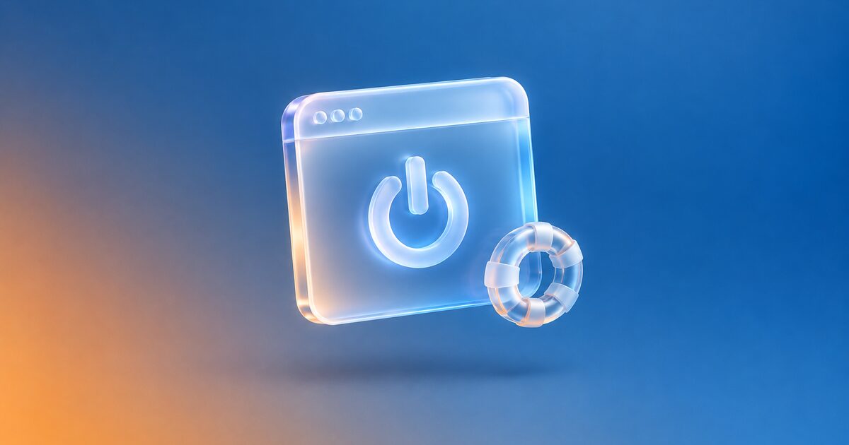 Glass browser window with a power symbol, with a lifebuoy ring, on a blue gradient