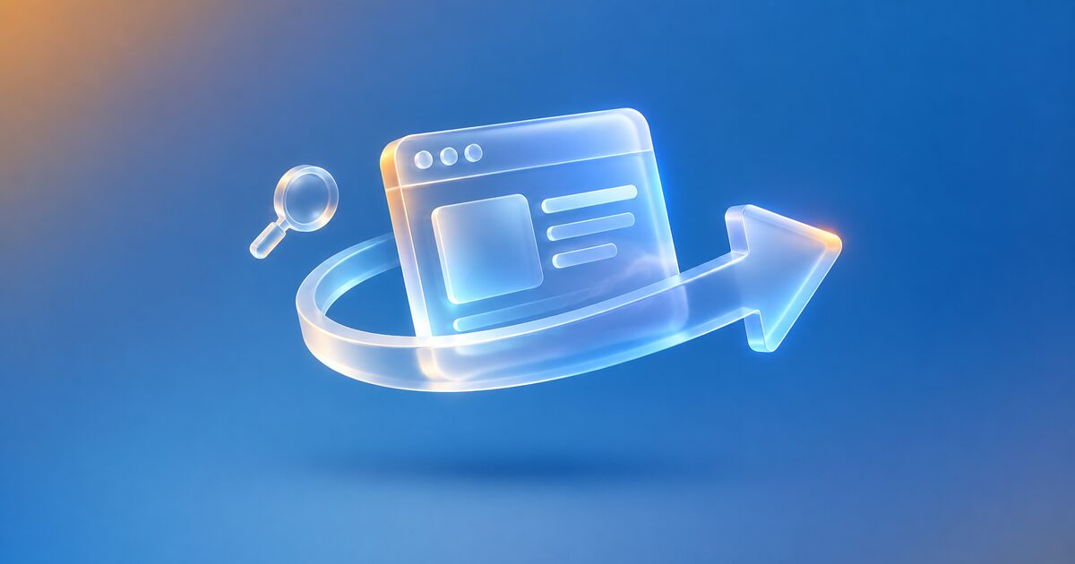 Glass browser window moving along a curved arrow, with a magnifying glass, on a blue gradient