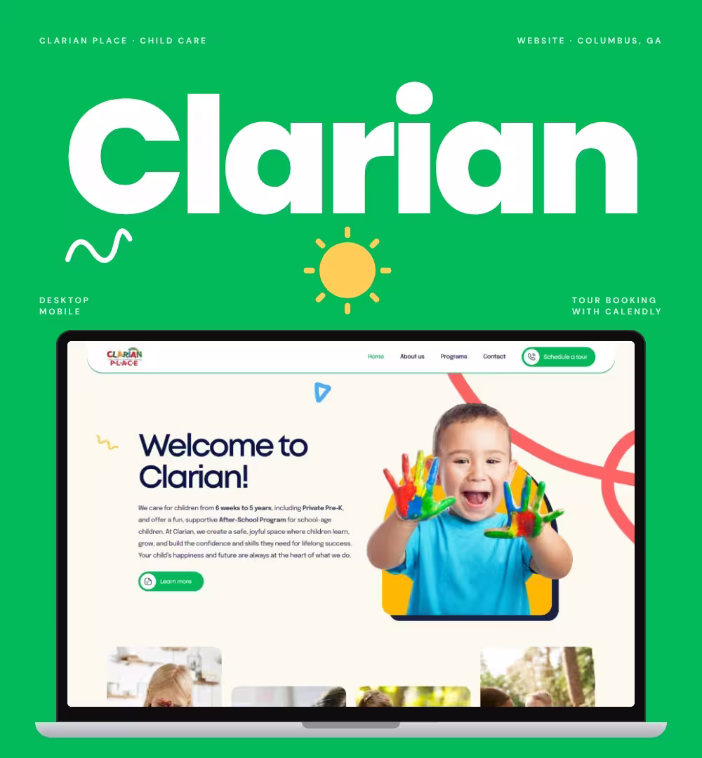 Clarian Place website on a phone, surrounded by programme cards for infants, toddlers, preschool, Pre-K and summer school