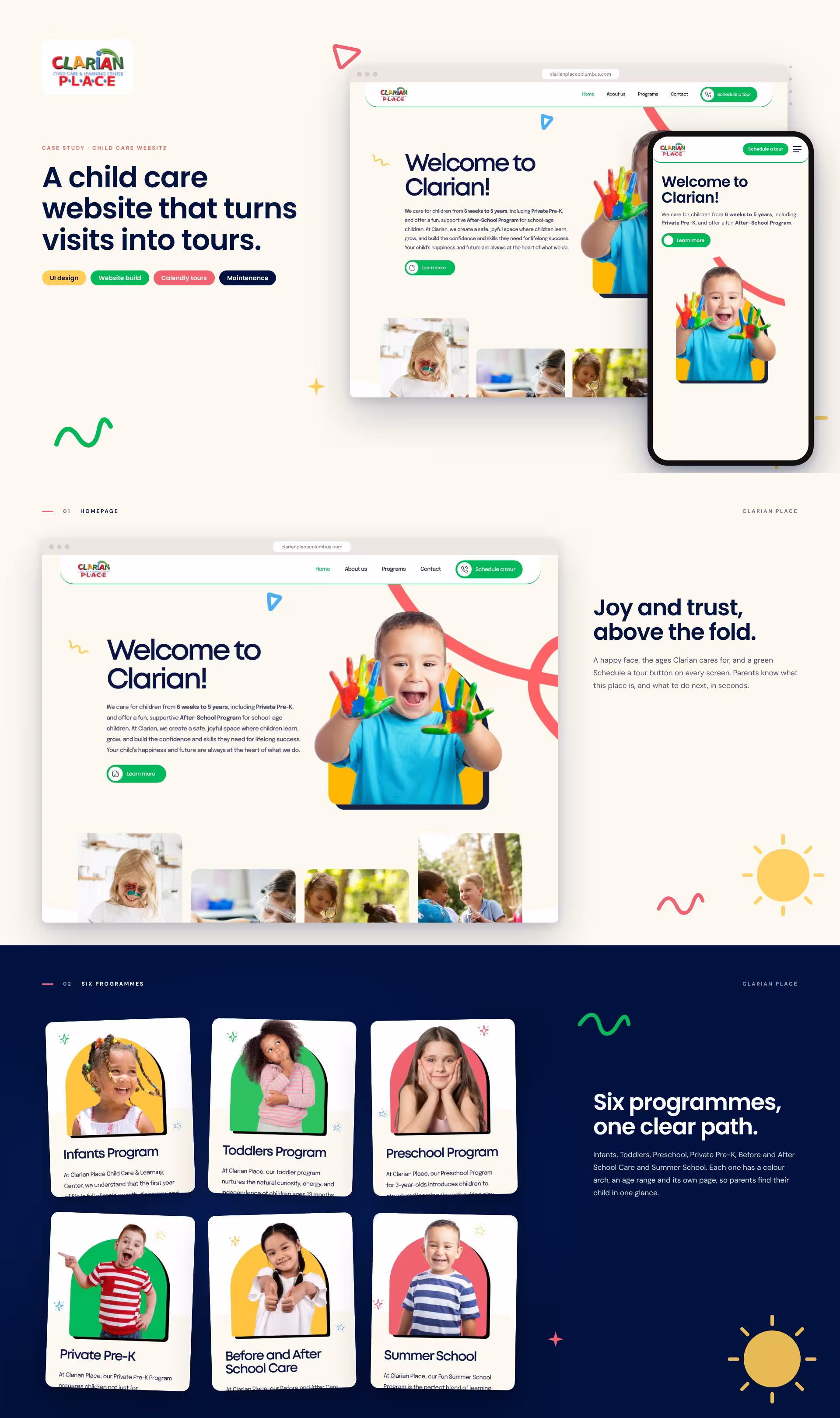Clarian Place website cover, homepage, and the six programme cards