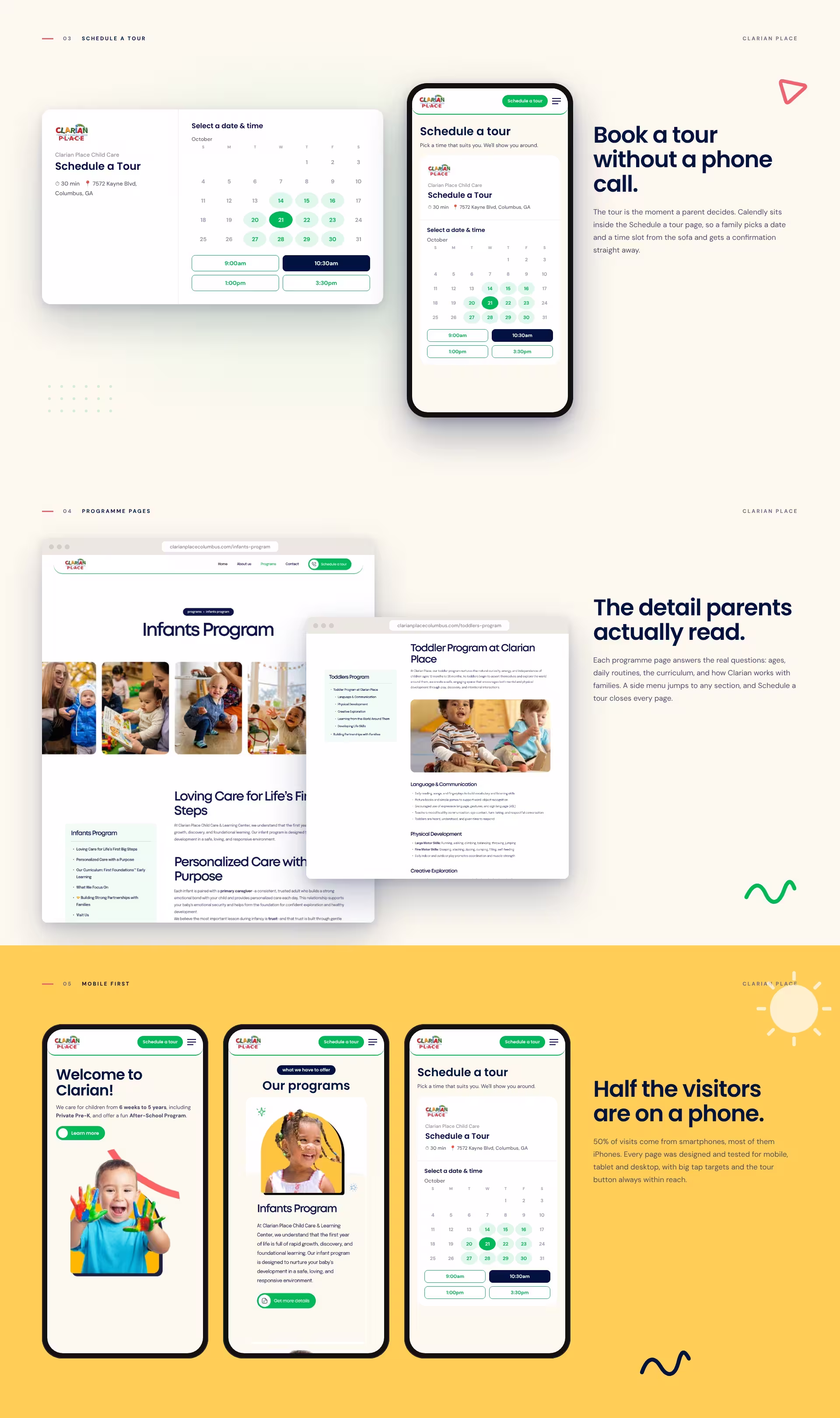 Calendly tour booking, a programme page, and the Clarian Place site on three phones