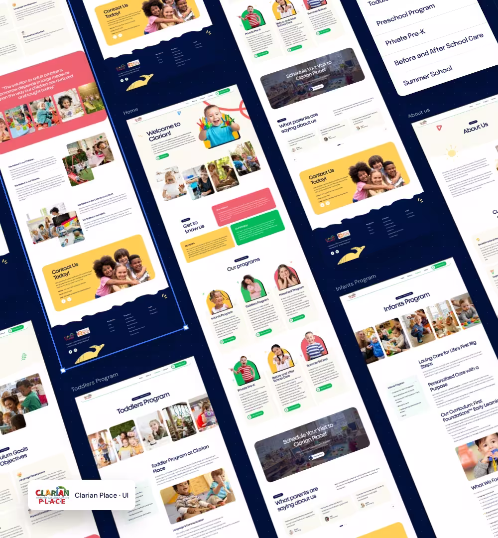 Clarian Place Figma file on a navy canvas: Home, About, Infants, Toddlers and Contact pages laid out side by side