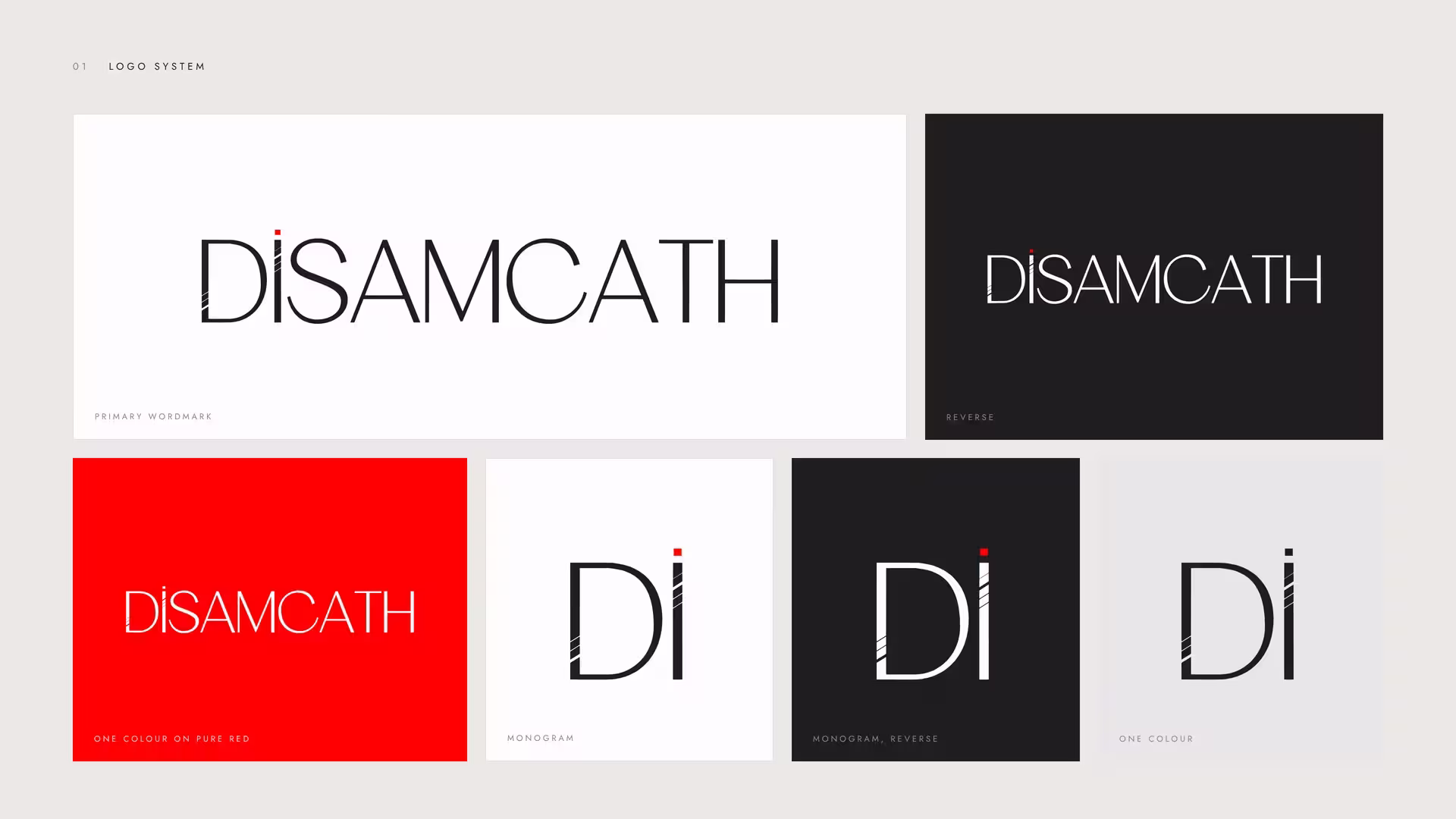 DISAMCATH wordmark and Di monogram on white, charcoal and Pure Red