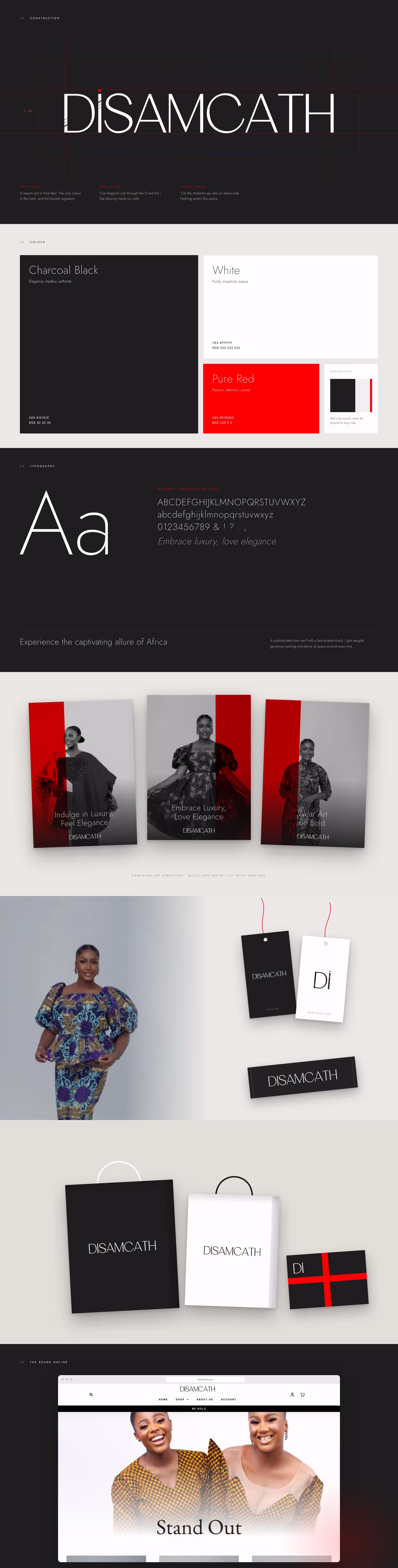 DISAMCATH logo construction, colour palette, typography, campaign posters, hang tags, shopping bags and website