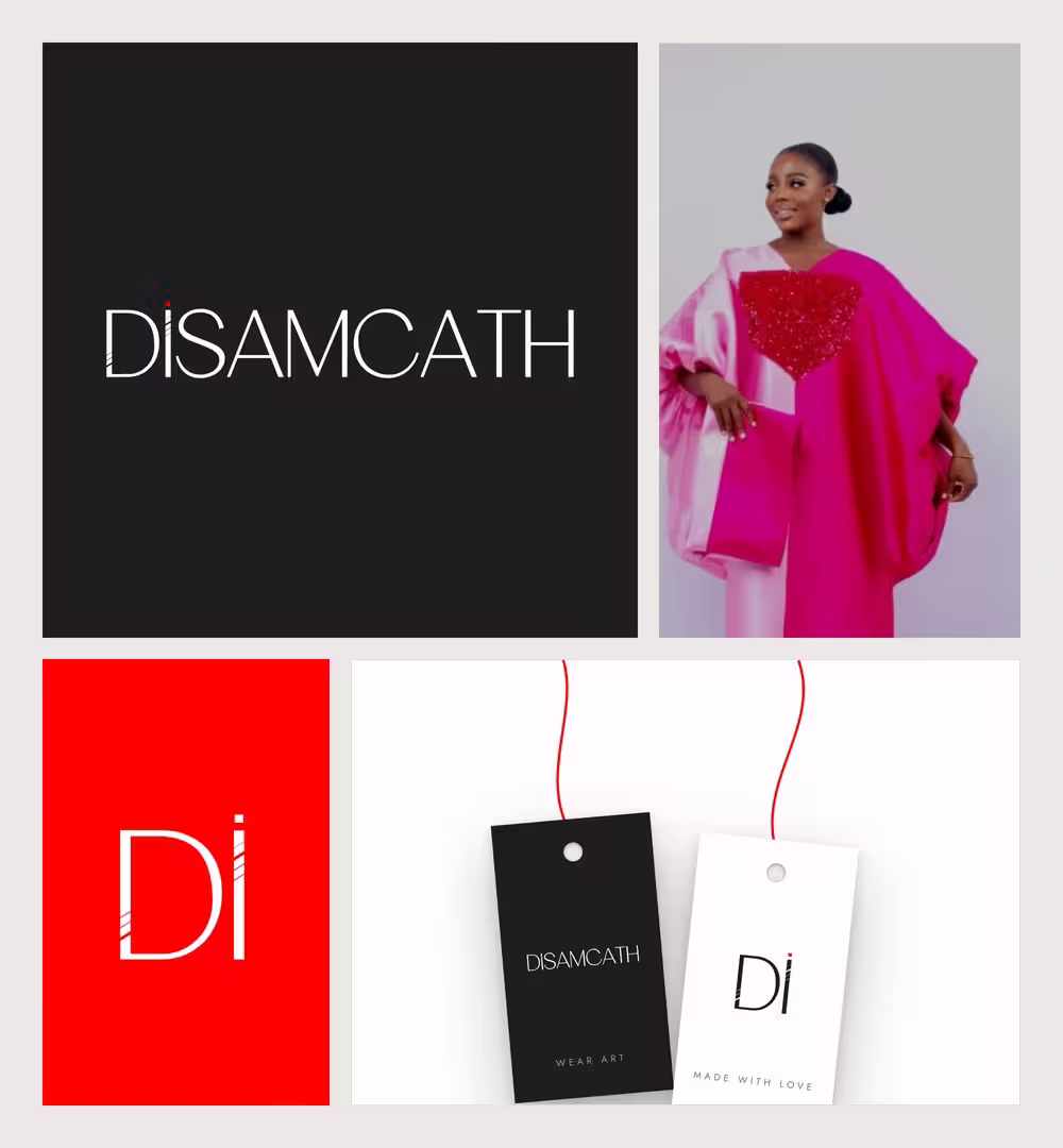 DISAMCATH brand identity overview with wordmark, monogram and hang tags