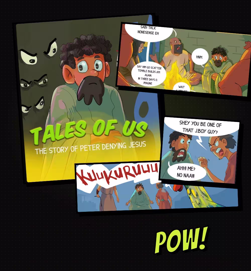 Tales of Us comic panels from the story of Peter denying Jesus, laid out like a comic book page