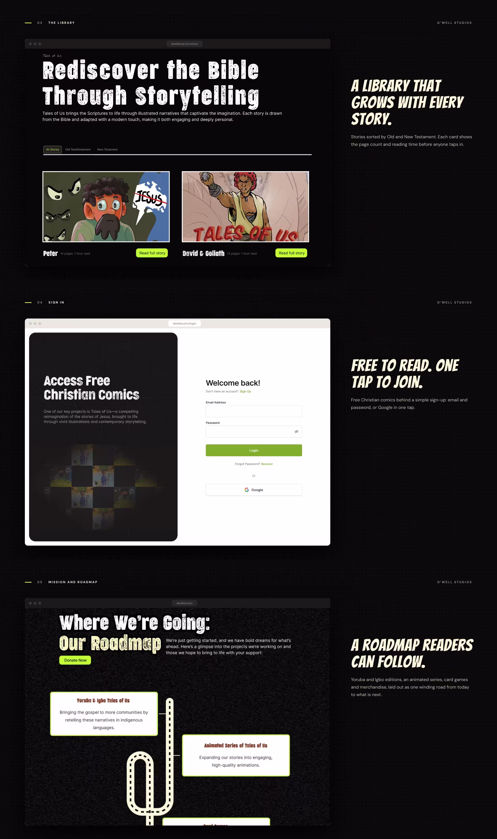 D'Well Studios story library, sign-in page and roadmap