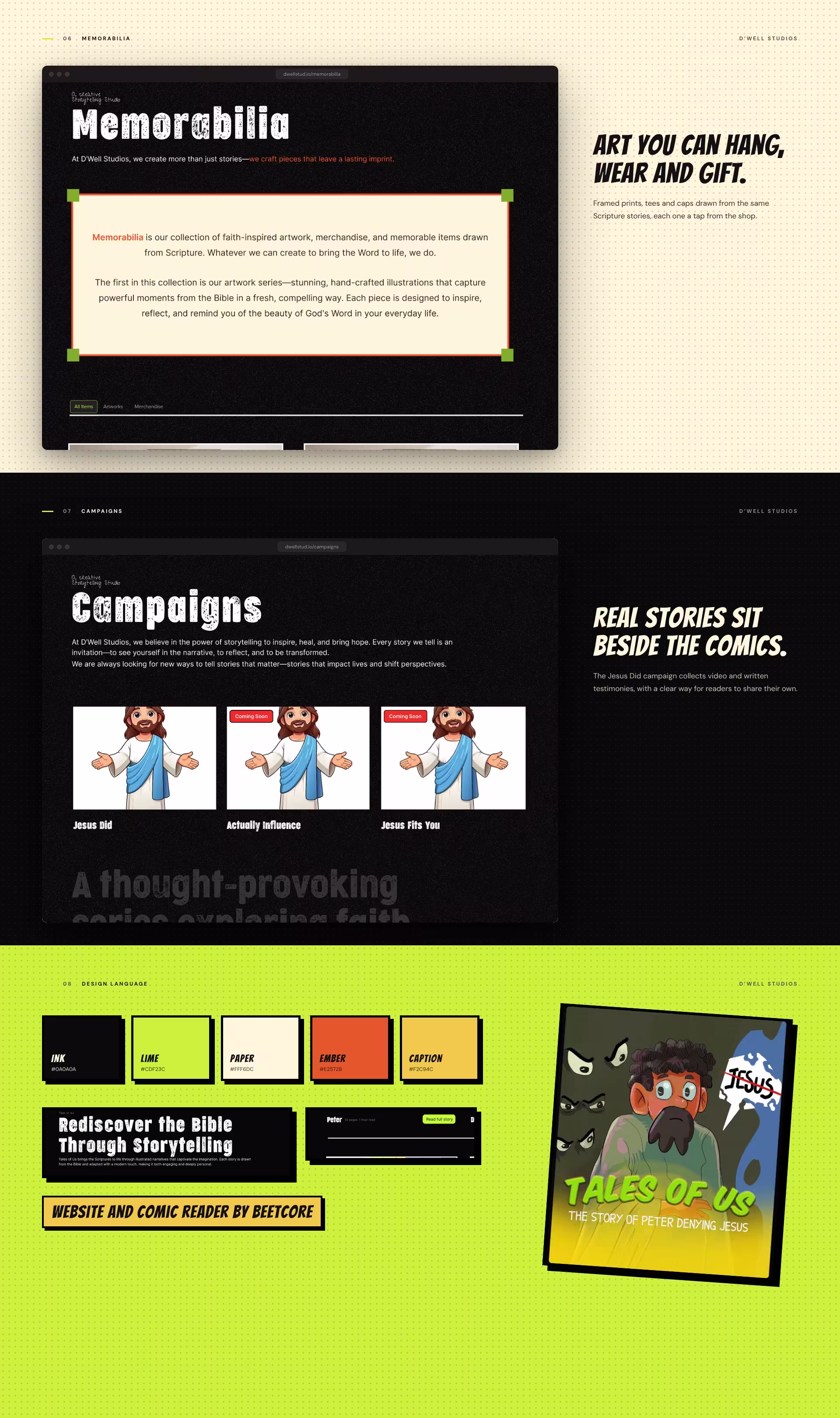 D'Well Studios memorabilia shop, Jesus Did campaign page and design language