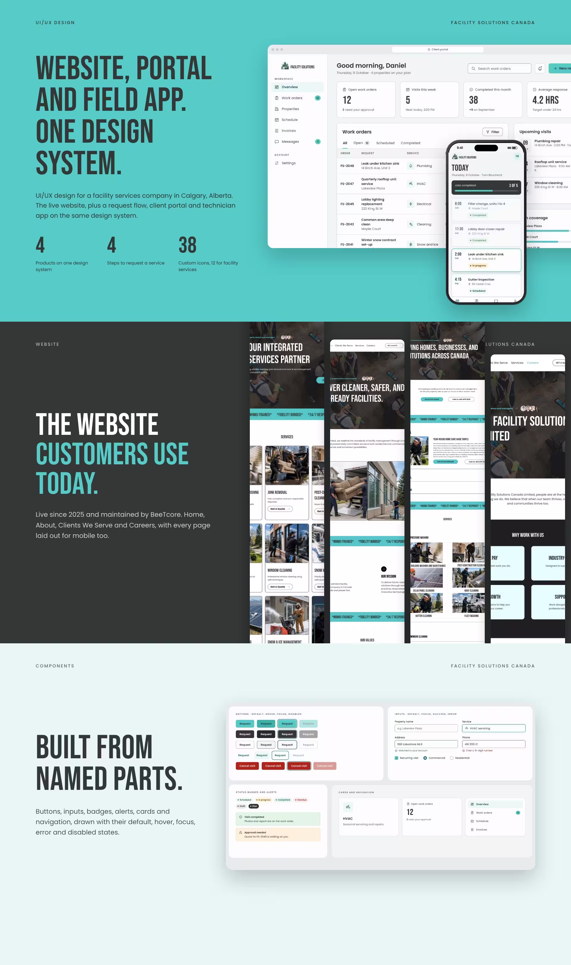 Facility Solutions Canada UI cover with the client portal and technician app, the live website pages, and the component library