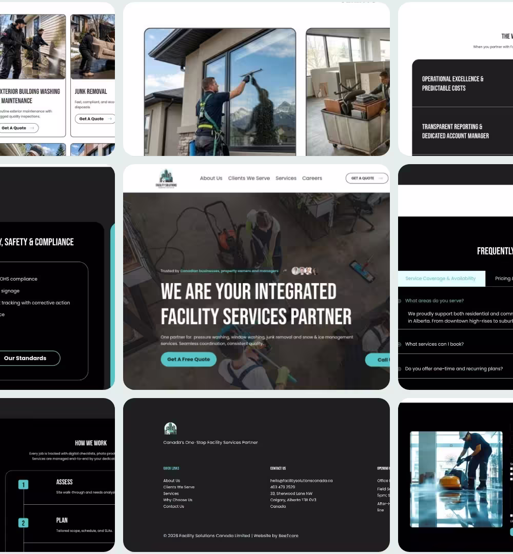 Grid of Facility Solutions Canada screens: services, clients, value, safety standards, homepage hero, FAQ, How We Work, footer and inquiry form