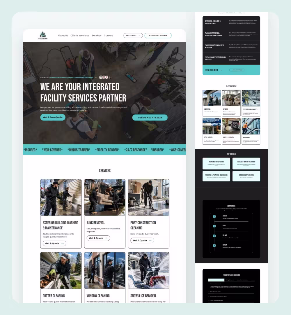 Facility Solutions Canada homepage on desktop, with a long scroll of every section beside it