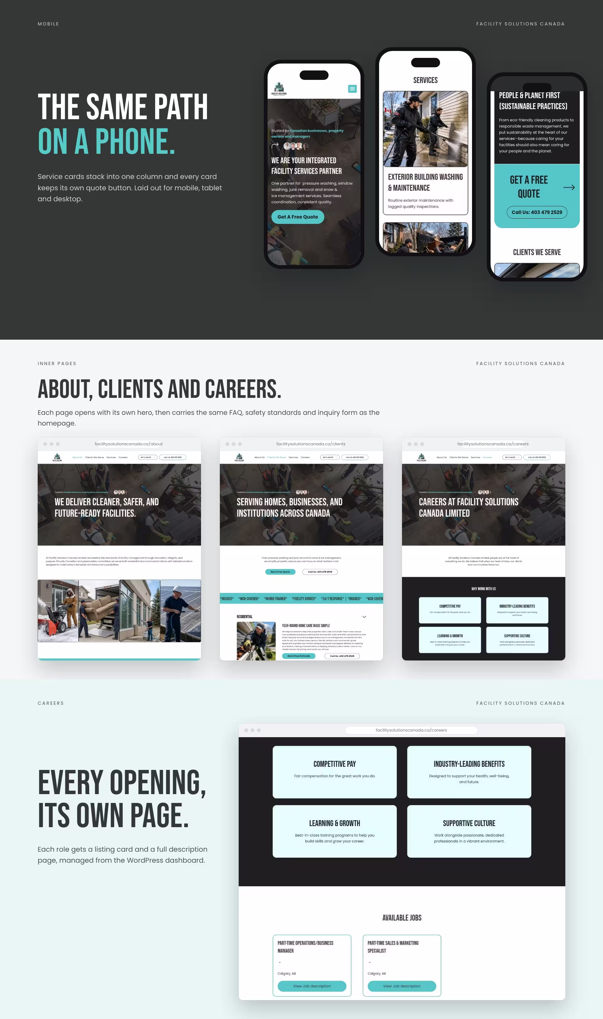 Facility Solutions Canada on mobile, the About, Clients and Careers pages, and the careers page with job listings