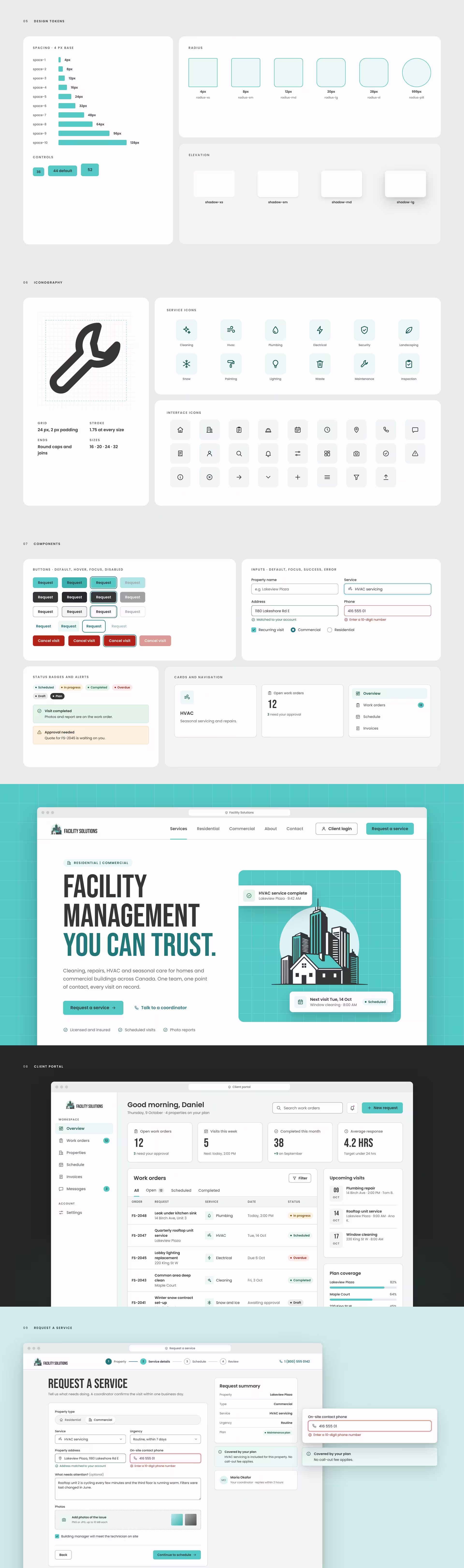 Facility Solutions design tokens, icon set, components, and website, client portal and request screens