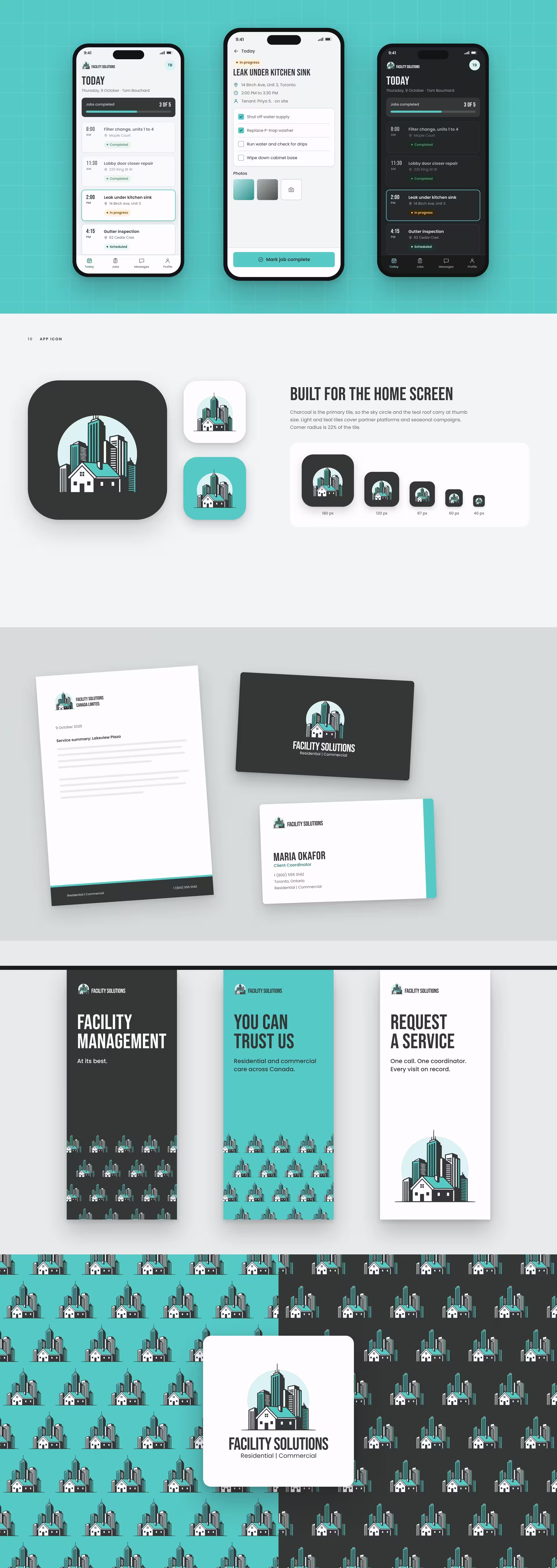 Facility Solutions technician app, app icon, stationery, signage and brand pattern