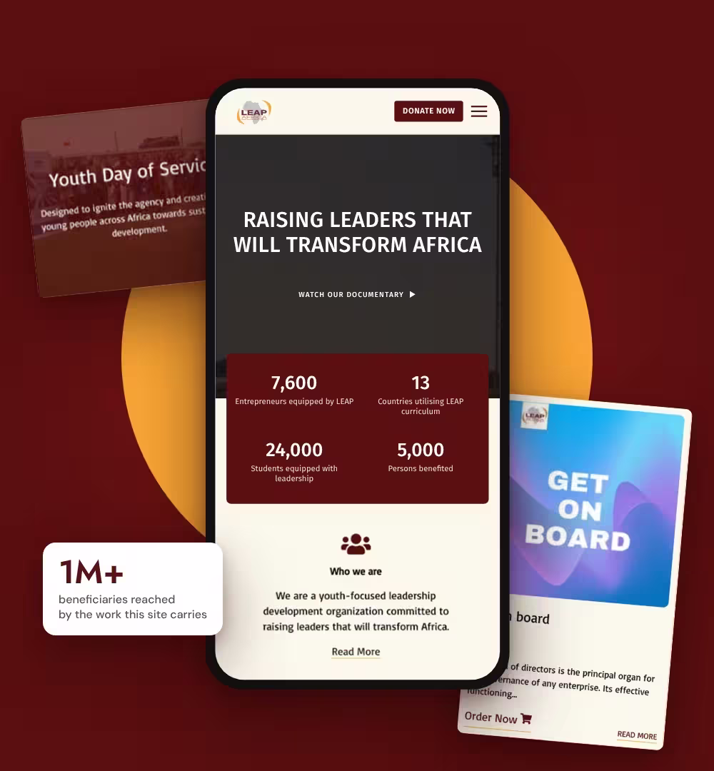 LEAP Africa website on a phone with impact numbers, beside a programme card, a book card and a 1M+ beneficiaries badge