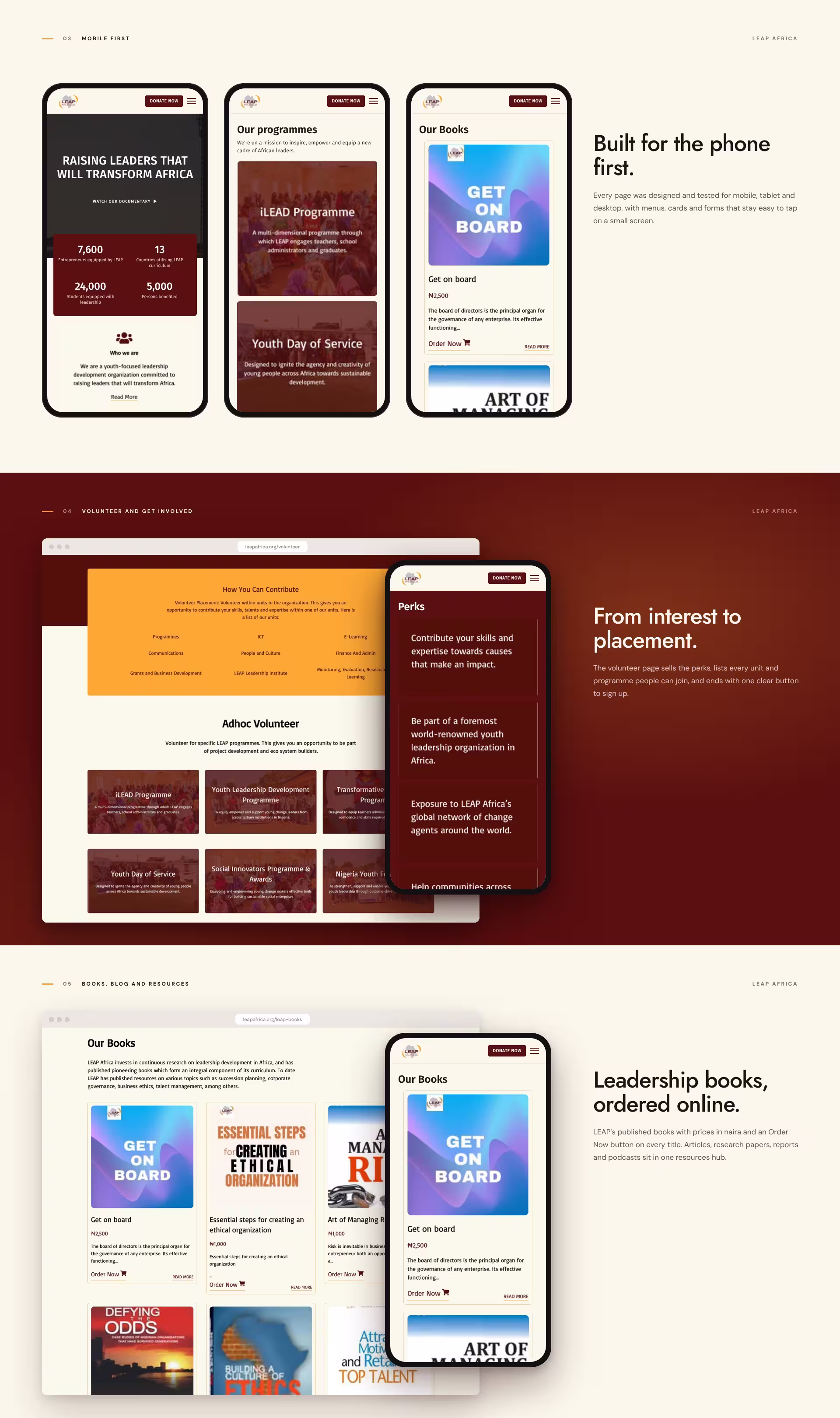 LEAP Africa site on three phones, the volunteer page, and the books catalogue with Order Now