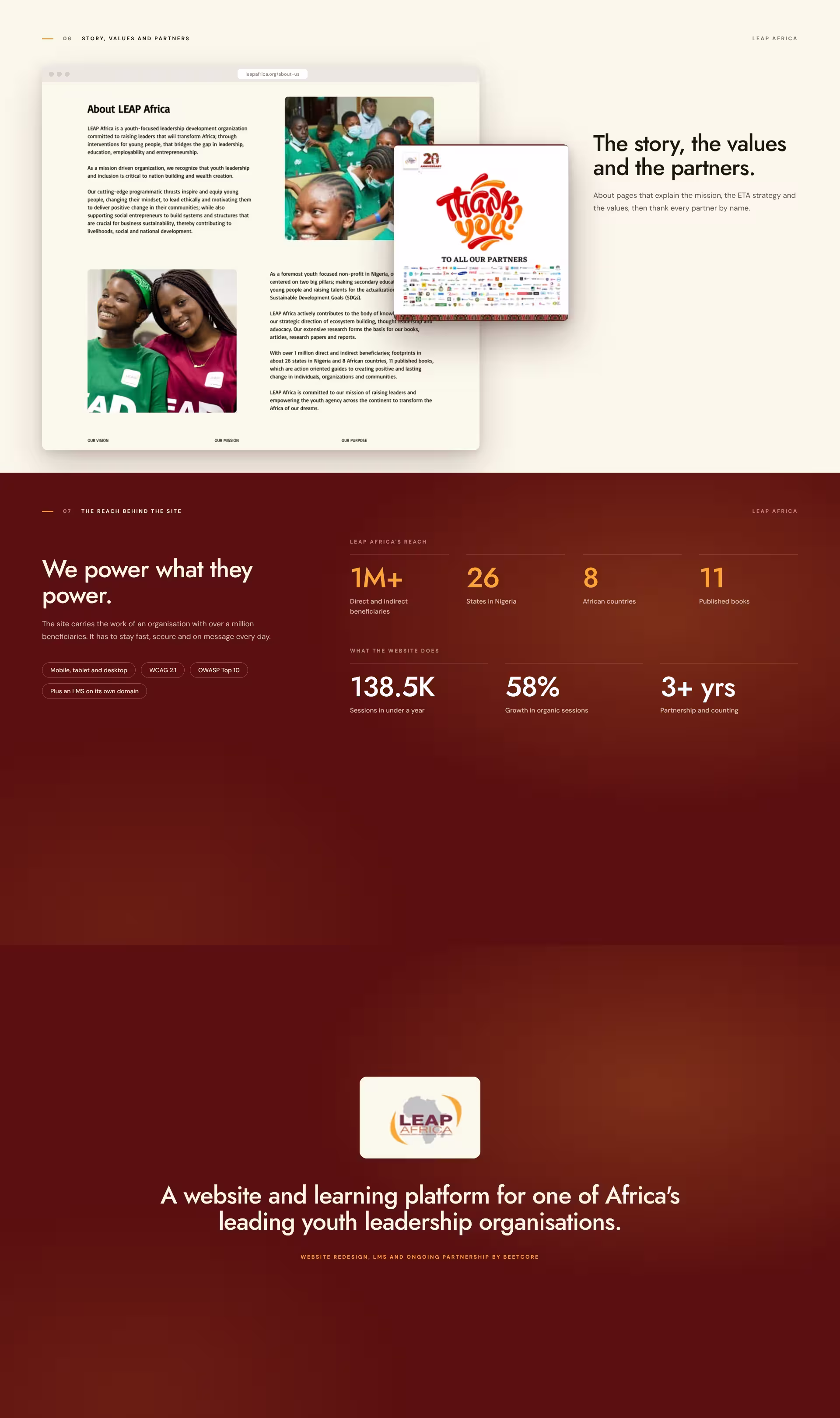 LEAP Africa about page with partners, the organisation's reach next to the website's results, and the closing card