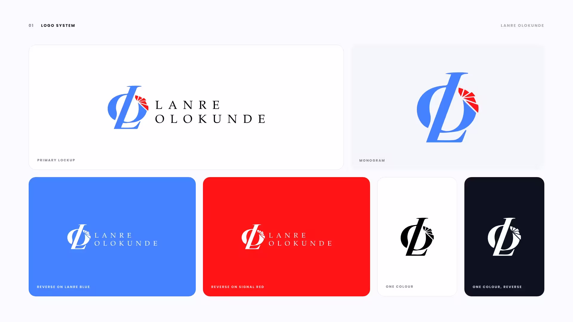 Lanre Olokunde logo system with primary lockup, monogram, reverse and one-colour versions