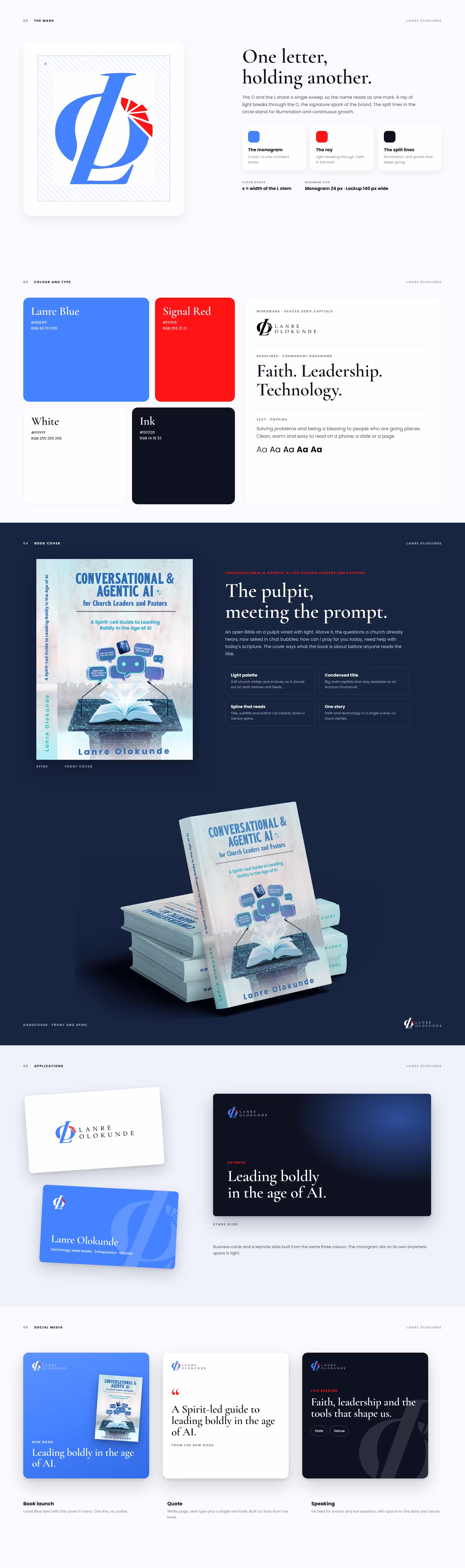 Lanre Olokunde mark construction, colour and type, book cover, hardcover mockup, business cards, keynote slide and social posts