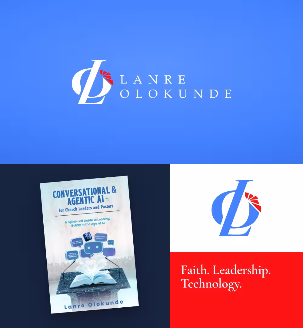 Lanre Olokunde brand overview with logo, monogram, book cover and brand colours
