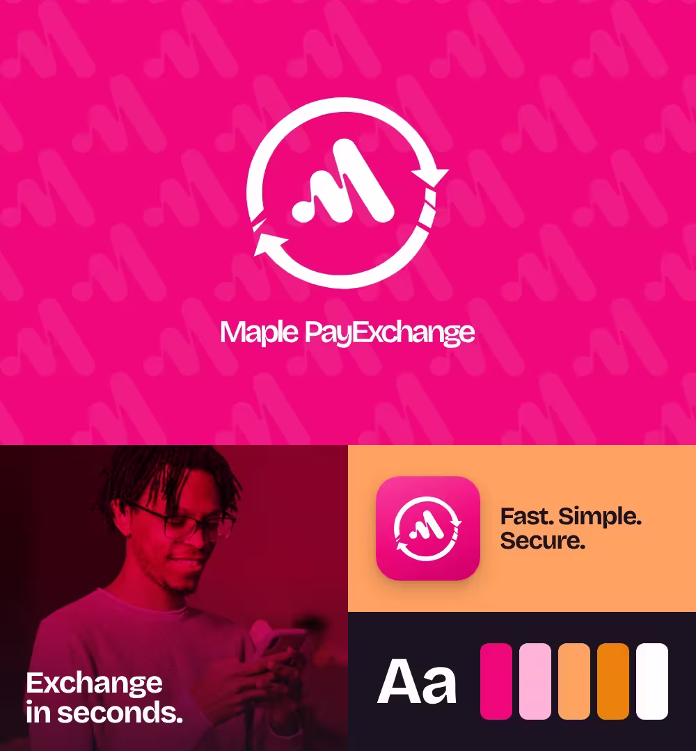 Maple PayExchange brand identity overview with logo, app icon, photography and colour palette
