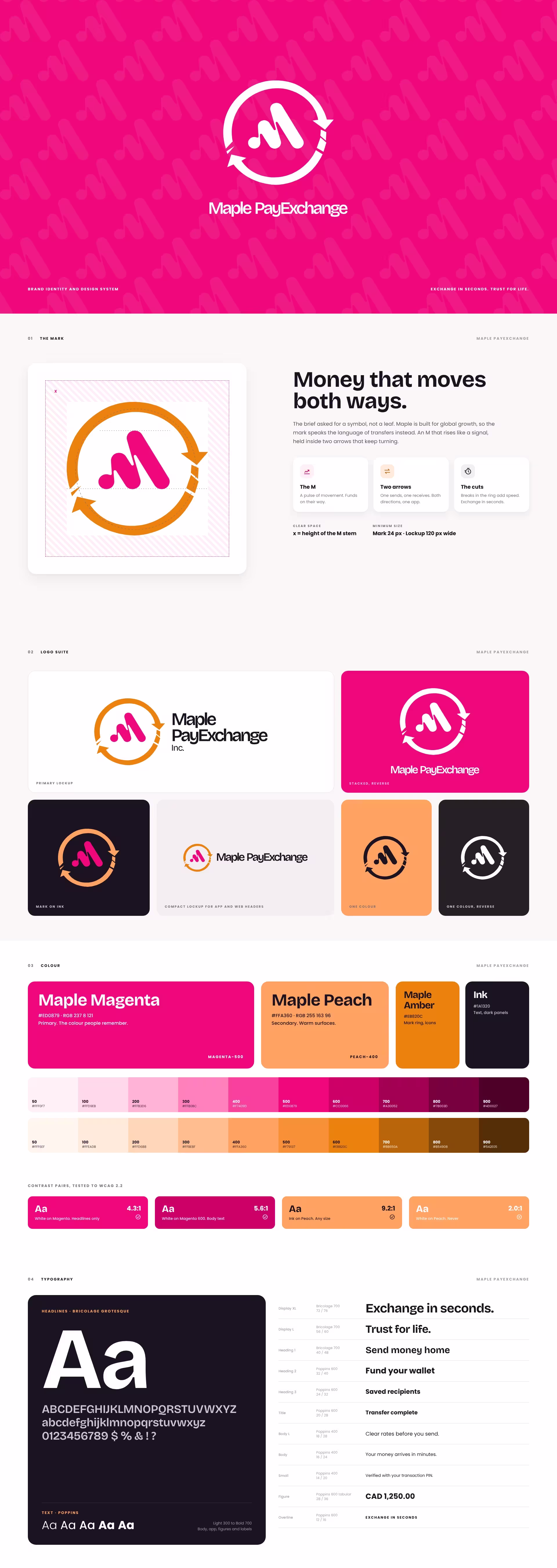 Maple PayExchange logo suite, mark construction, colour palette and typography